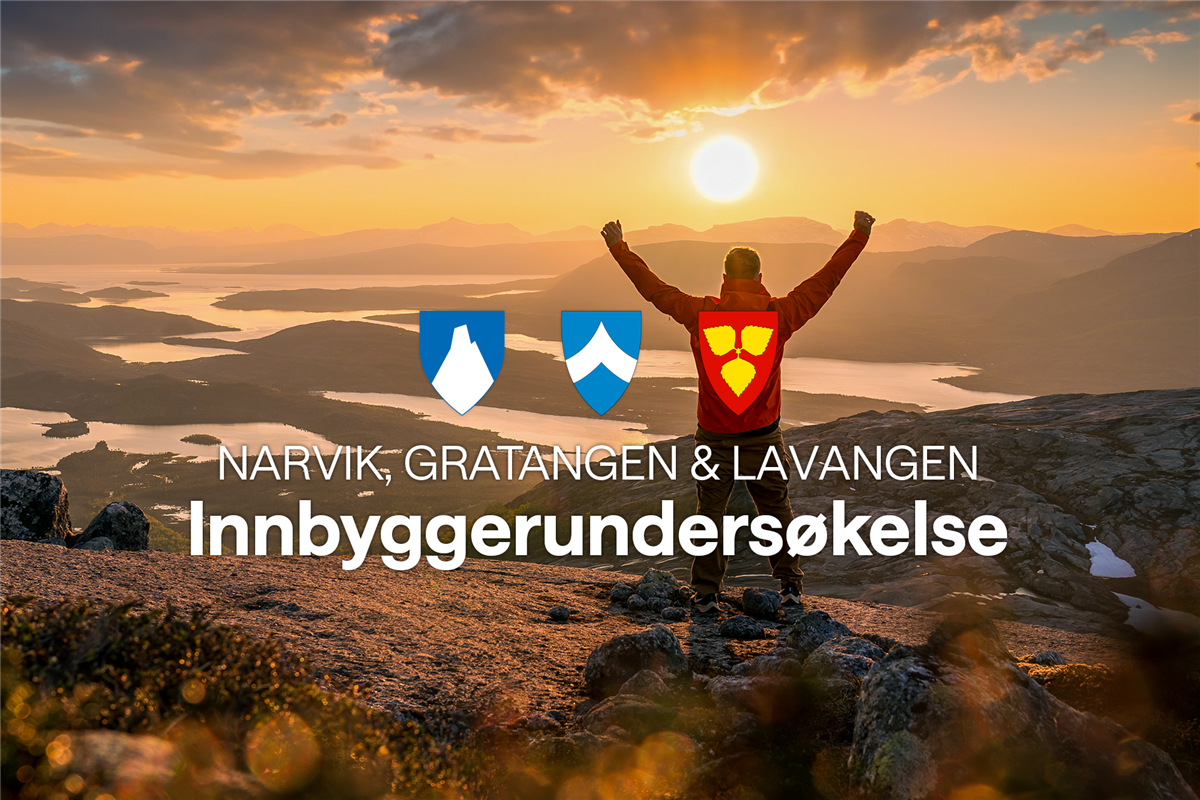 Person på fjelltopp i solnedgang, med henda til værs i seiersposisjon. Personen er fotografert bakfra, og mamser fjord og fjell og hav og skyer i horisonten. Kommunevåpen fra Narvik, Lavangen og Gratangen over ordene Innbyggerundersøkelse står i midten av bildet. - Klikk for stort bilde